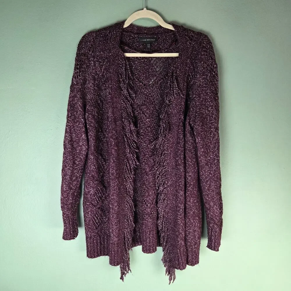Lane Bryant Womens 14 16 Open Cardigan Cable Knit Sweater Fringe Metallic Boho